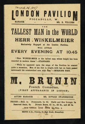 [Leaflet advertising appearances by Herr Winkelmeier and M. Brunin (French comedian) at the London Pavilion in March 1887].