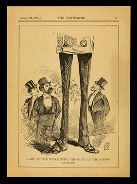 [Page from The Entr'acte for 22 January 1877 showing a cartoon of "A bit of Herr Winkelmeier, the giant at the London Pavilion"].