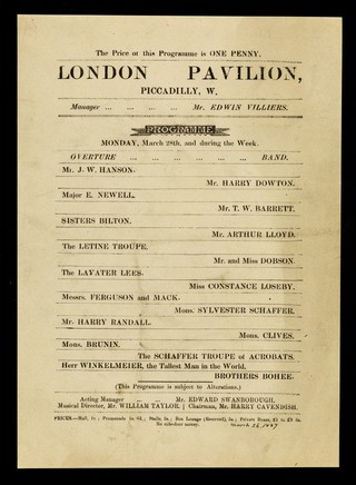 [Single sheet programme (March 1887) for a variety programme featuring Herr Winkelmeier at the London Pavilion].