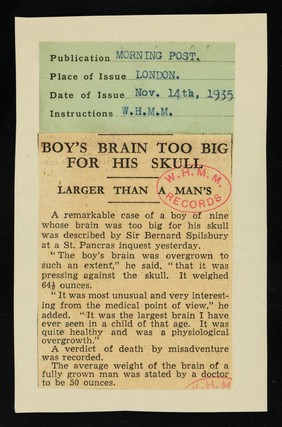 [Cutting from the Morning Post for 14 November 1935 about a death due to a "Boy's brain too big for his skull. Larger than a man's"].