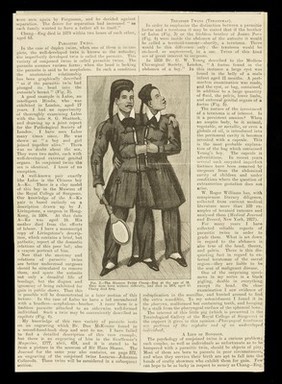 [Cutting from the Britsh medical journal: "A lecture on the psychology of conjoined twins: a study of monsterhood". Daisy and Violet Hilton are shown].