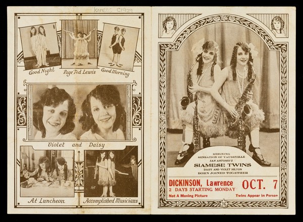 [Folded single sheet programme for an appearance by Daisy and Violet Hilton, "reigning sensation of vaudeville, San Antonio's Siamese twins". Includes many photographs of them from the age of 3 months].