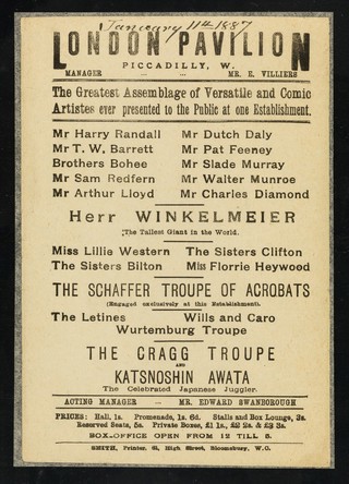 [Leaflet advertising appearances by Herr Winkelmeier at the London Pavilion in January 1887,  appearing with a wide variety of "versatile and comic artistes"].