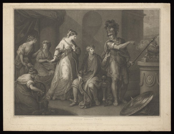 Hector reproaching Paris for not fighting in the Trojan War. Stipple engraving by G.S. and J.G. Facius after Angelica Kauffman, 1788.