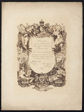 Presented by the Executive Committee of the Royal Jubilee Exhibition Manchester 1887 : to ... in grateful acknowledgment of service rendered to the enterprise by the loan of valuable works of art / Chairman of the Executive, Chairman of the Fine Arts Section.