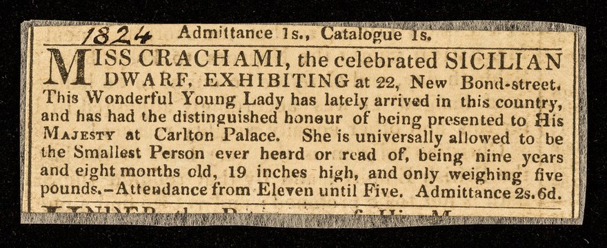 Miss Crachami, the Sicilian dwarf exhibiting at 22 New Bond-street.