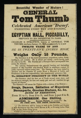 Beautiful wonder of nature! : General Tom Thumb the celebrated American dwarf : exhibiting every day and evening, Egyptian Hall, Piccadilly, previous to his departure to Paris.