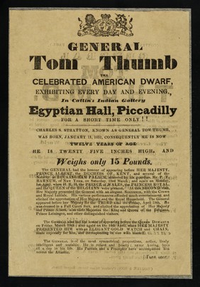 General Tom Thumb the celebrated American dwarf : exhibiting every day and evening, in Caitlin's Indian Gallery, Egyptian Hall, Piccadilly, for a short time only!!.