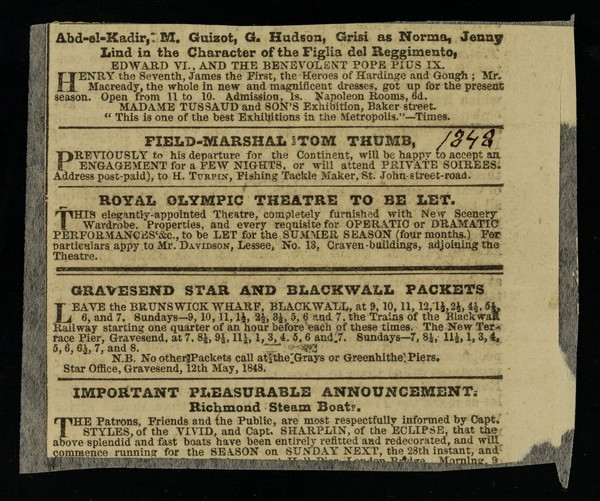 Field Marshal Tom Thumb : previously to his departure for the Continent, will be happy to accept an engagement for a few nights, or will attend private soirees ...
