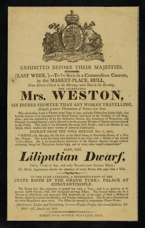 The celebrated Mrs. Weston, six inches shorter than any woman travelling ... : also the Liliputian Dwarf, thirty years of age, and only thrity-two inches high ...