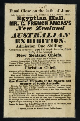 Mr. C. French Anga's New Zealand and Australian exhibition ... : comprising upwards of 300 full-length portraits, from life, of the prinicipal New Zealand Chiefs, with their wives and children.