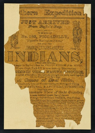 Northern expedition : just arrived from Baffin's Bay, to be seen, at no. 183 Piccadilly (opposite Burlington House,) the only two esquimaux indians, (male and female), brought to England from the frozen regions of the North ...