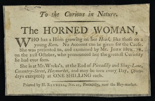 To the curious in nature : the Horned Woman : who has a horn growing on her head, like those in a young ram.