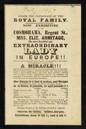 Under the patronage of the Royal Family : now exhibiting at the Cosmorama, Regent St., Mrs. Eliz. Armitage, the most beautiful and extraordinary lady in Europe!!.