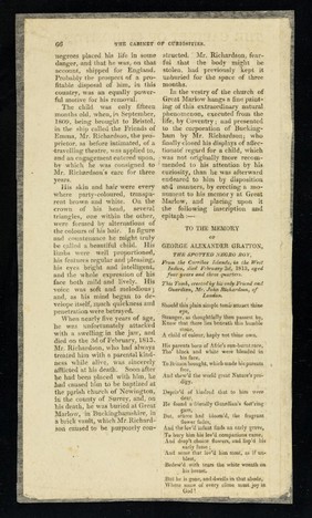 The cabinet of curiosities, or wonders of the world displayed. No.5, The Spotted Negro Boy.