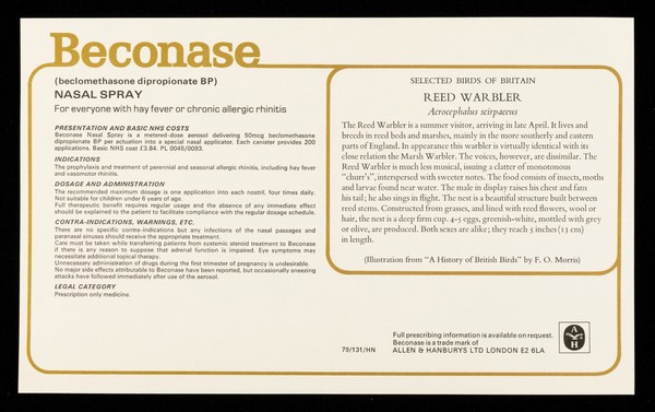 Beconase (beclomethasone dipropionate BP), nasal spray : reed warbler.