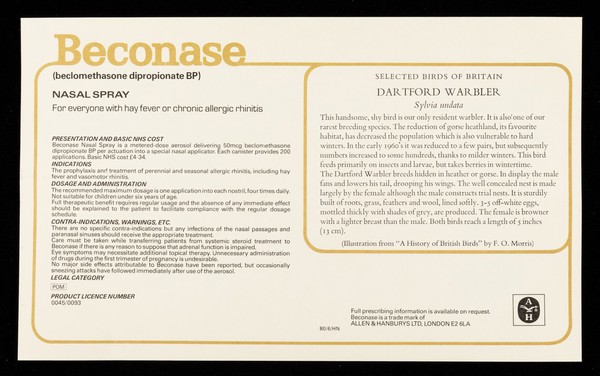 Beconase (beclomethasone dipropionate BP), nasal spray : Dartford warbler.