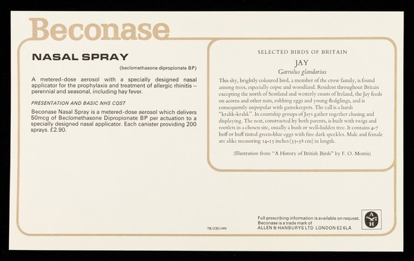 Beconase (beclomethasone dipropionate BP), nasal spray : jay.