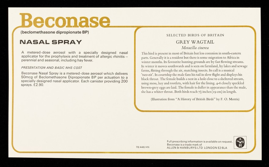 Beconase (beclomethasone dipropionate BP), nasal spray : grey wagtail.