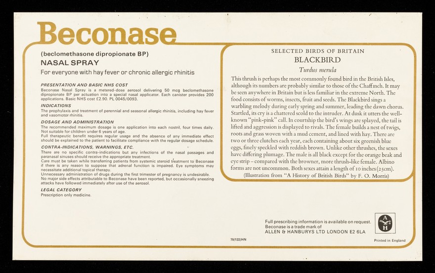 Beconase (beclomethasone dipropionate BP), nasal spray : blackbird.