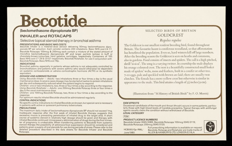 Becotide (beclomethasone dipropionate BP), inhaler and rotacaps : goldcrest.