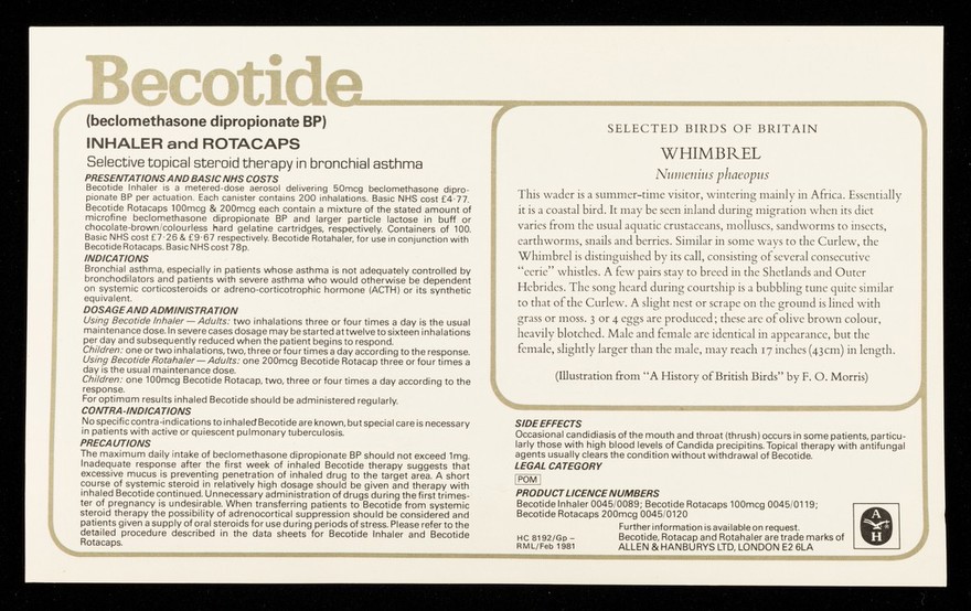 Becotide (beclomethasone dipropionate BP), inhaler and rotacaps : whimbrel.