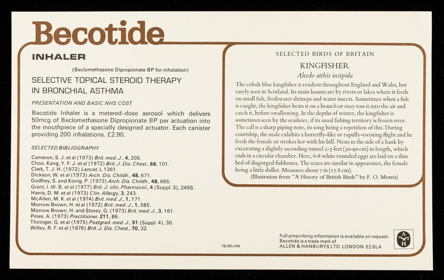 Becotide (beclomethasone dipropionate BP), inhaler and rotacaps : kingfisher.
