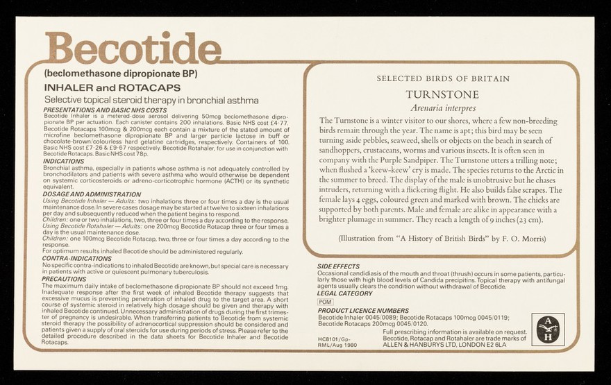 Becotide (beclomethasone dipropionate BP), inhaler and rotacaps : turnstone.