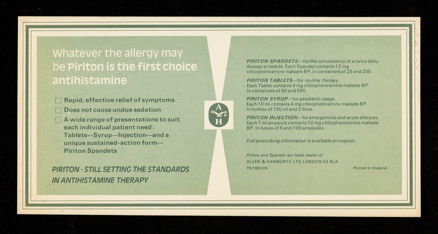 Whatever the allergy may be Piriton is the first choice antihistamine : Twickenham Ait.