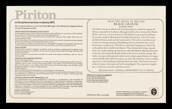 Piriton symptomatic control of all allergic conditions responsive to antihistamines : black grouse.