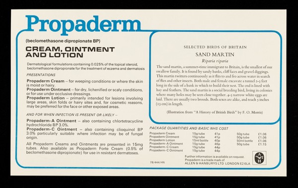 Propaderm cream, ointment and lotion : sand martin.