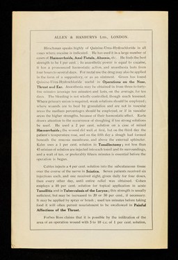 Quinine-Urea-Hydrochloride as a local anaesthetic and as a dressing for infected wounds.