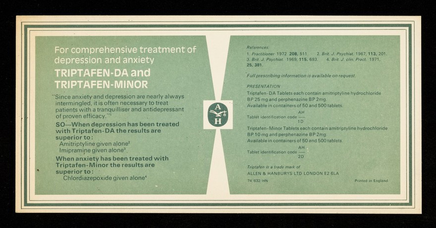 For comprehensive treatment of depression and anxiety Triptafen-DA and Triptafen-Minor : Cheapside and Bow Church.