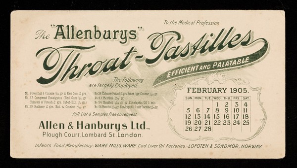 The "Allenburys" throat-pastilles : efficient and palatable : February 1905.