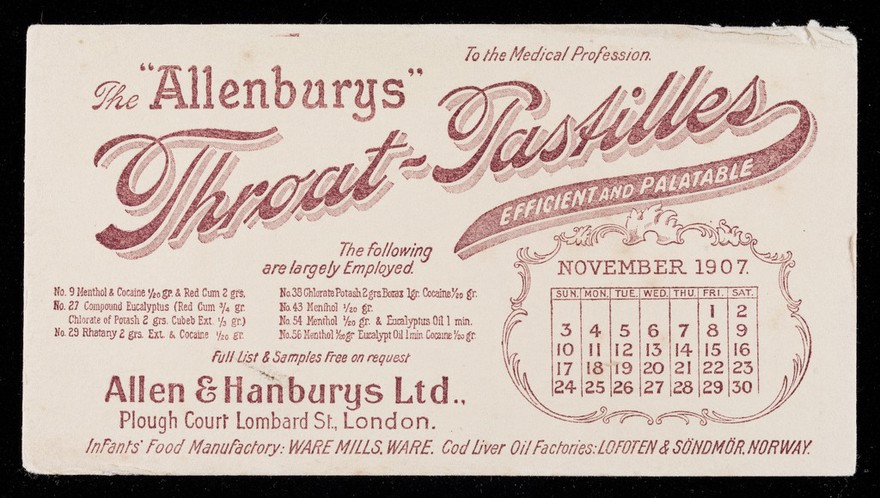 The "Allenburys" throat-pastilles : efficient and palatable : November 1907.