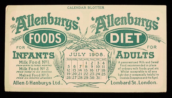 The 'Allenbury' Foods for infants : The 'Allenburys' Diet for adults : July 1908.