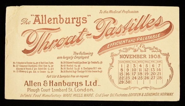 The "Allenburys" throat-pastilles : efficient and palatable : November 1908.