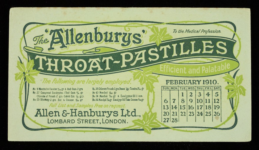 The "Allenburys" throat-pastilles : efficient and palatable : February 1910.