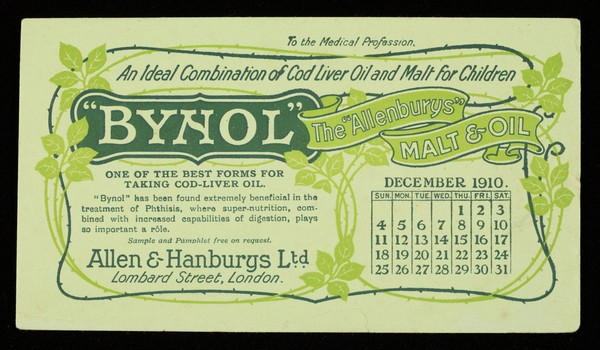 "Bynol" The "Allenburys" malt & oil : an ideal combination of Cod Liver Oil and Malt for children : December 1910.