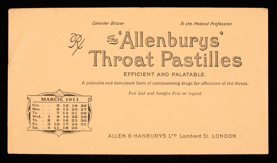 The 'Allenburys' throat pastilles : efficient and palatable : March 1911.