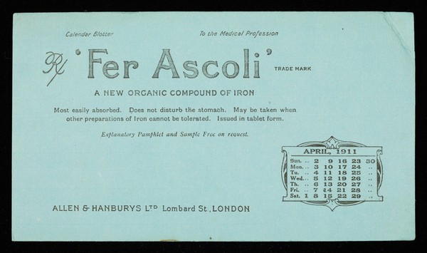 'Fer Ascoli' : a new organic compound of iron : April 1911.