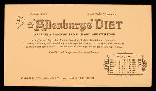 The 'Allenburys' diet : a partially pancreatsed milk and wheaten food : May 1911.