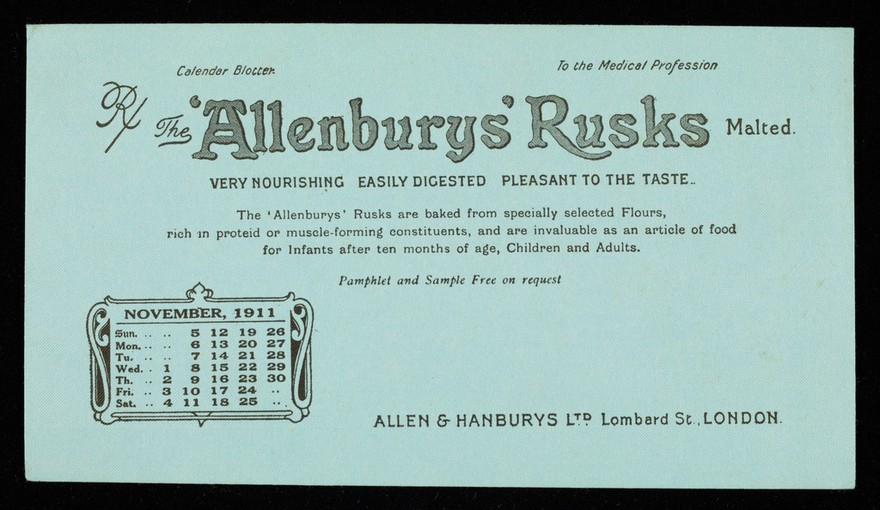The 'Allenburys' Rusks malted : very nourishing, easily digested, pleasant to the taste : November 1911.