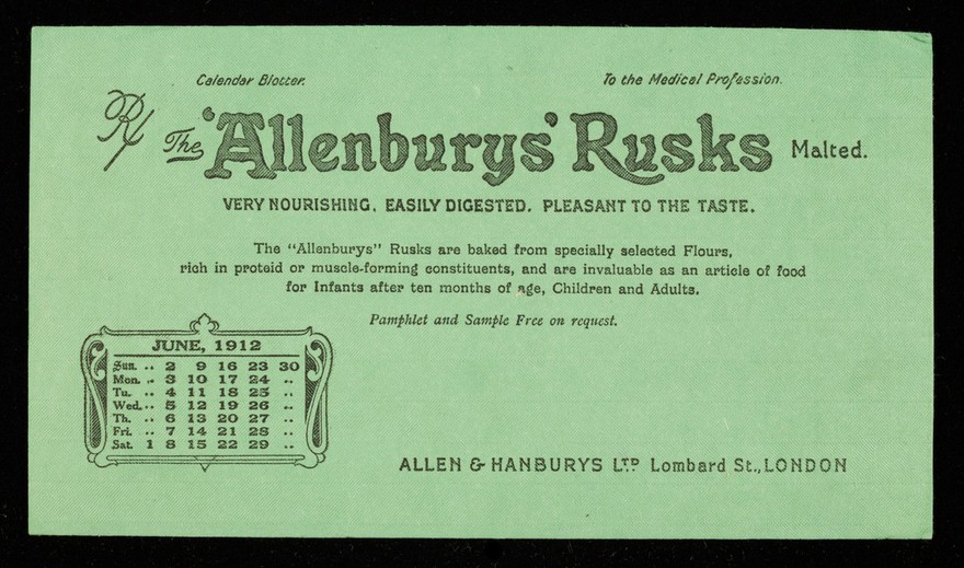 The 'Allenburys' Rusks malted : very nourishing, easily digested, pleasant to the taste : June 1912.