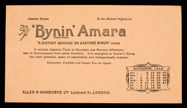 'Bynin' Amara : "a distinct advance on Easton's Syrup." Lancet : October 1912.