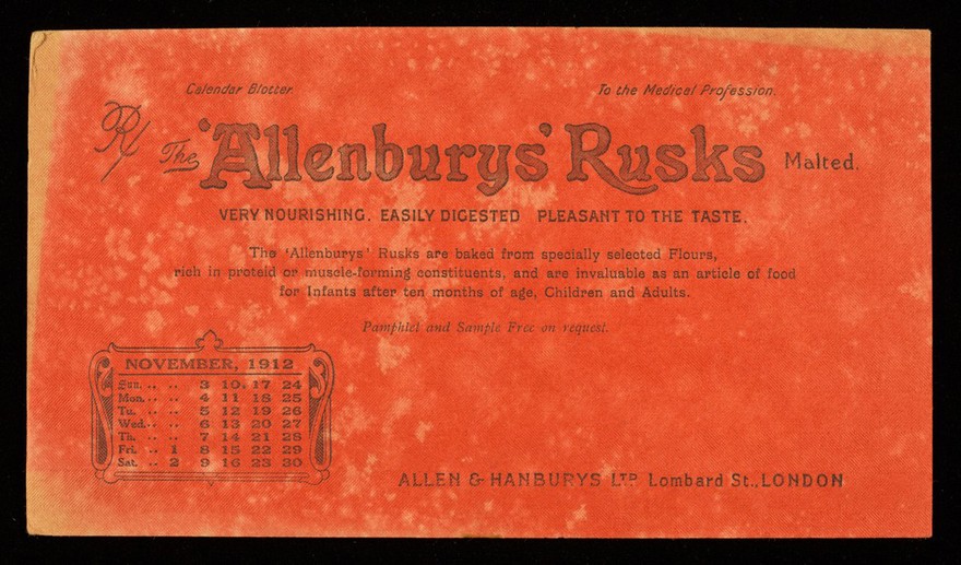 The 'Allenburys' Rusks malted : very nourishing, easily digested, pleasant to the taste : November 1912.