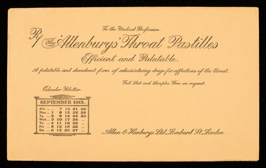 The 'Allenburys' throat pastilles : efficient and palatable : September 1913.