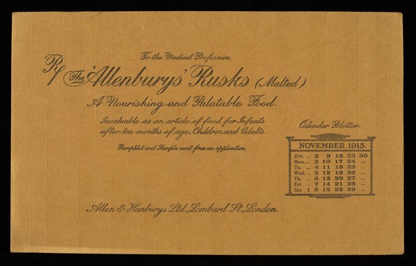 The 'Allenburys' Rusks (malted) : a nourishing and palatable food : November 1913.