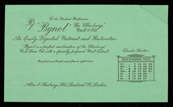 'Bynol' the 'Allenburys' malt & oil : an easily digested nutrient and restorative : December 1913.