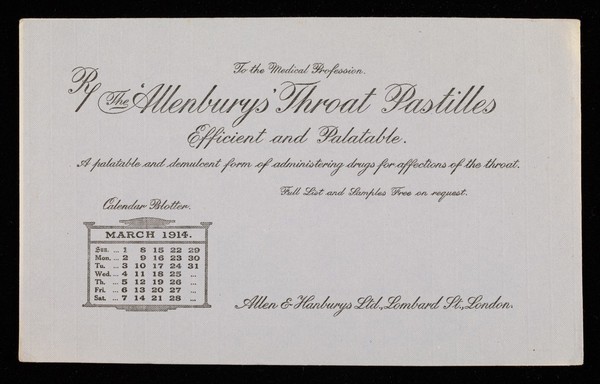 The 'Allenburys' throat pastilles : efficient and palatable : March 1914.